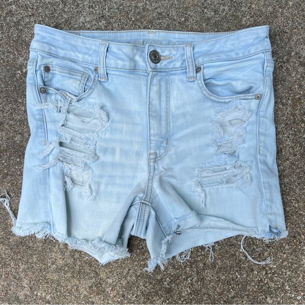 American Eagle Hi Rise Shortie Jean Shorts frayed distressed size 8